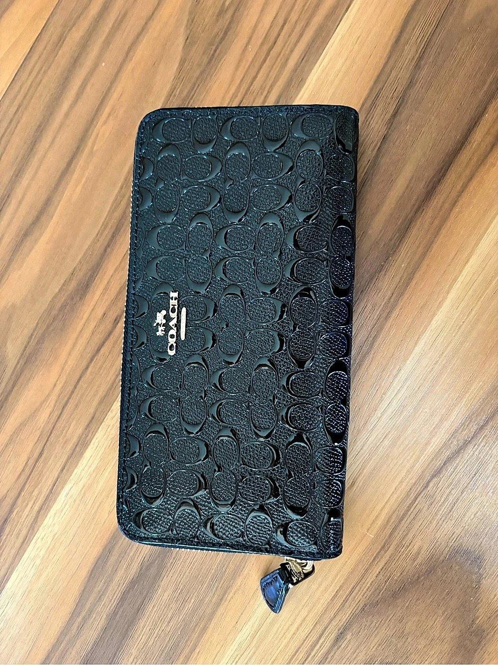 Coach Accordion Zip Wallet in Signature Debossed Patent Leather F54805 Black